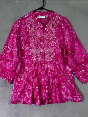Y2K BLEU BAYOU Fuchsia Pink Embroidered Button-Front Tunic Beaded Womens XL